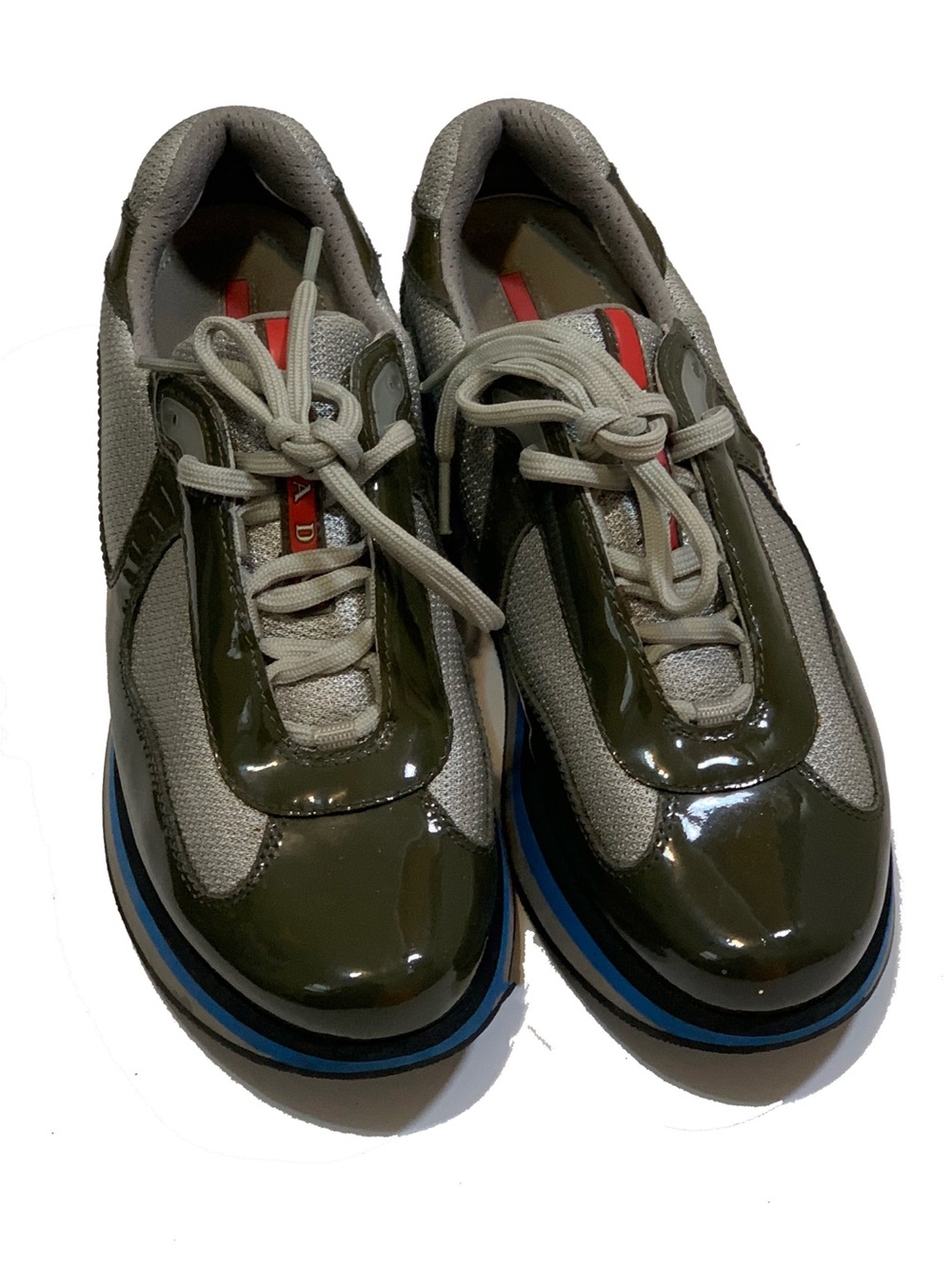 Prada Men's Olive Patent and White Mesh Sneakers with Blue Trim